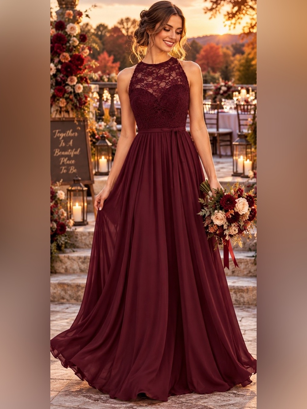 Kennedy Blue Burgundy Lace Chiffon Bridesmaid Formal Gown Size 12